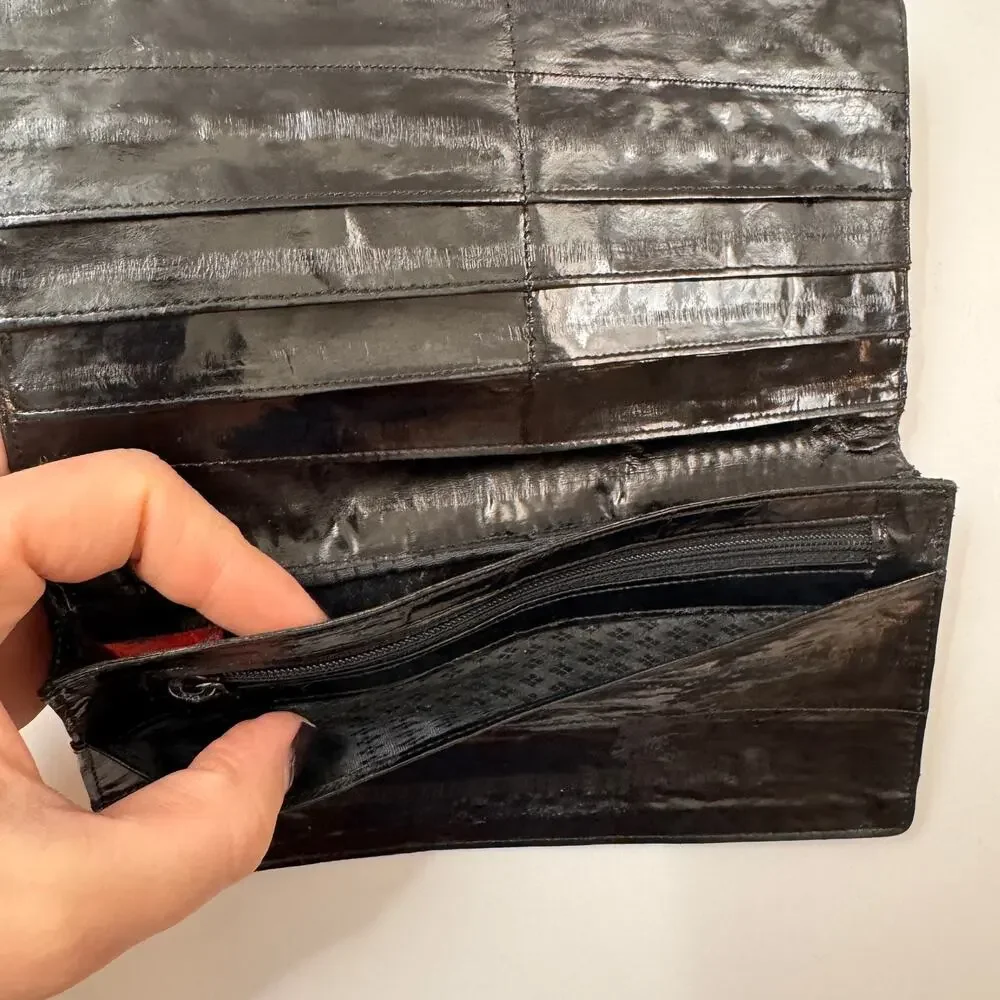 Vintage Handbag Black Genuine Eel Skin Leather Pockets Bifold Credit Card Wallet